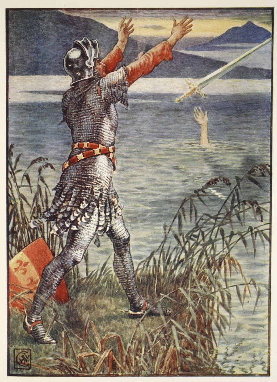 Sir Bedivere heittää Excalibur-miekan järveen Henry Gilbertin teoksesta Stories of the Knights of the Round Table, ensimmäinen painos, 1911 tekijältä Walter Crane