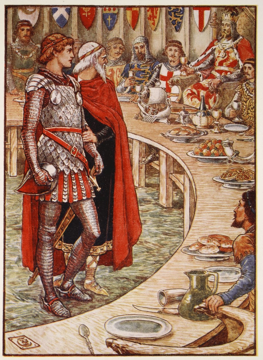 Sir Galahad tuodaan kuningas Arthurin hoviin Henry Gilbertin "Pyöreän pöydän ritarien tarinoita" -sarjasta, ensimmäinen painos, 1911 tekijältä Walter Crane
