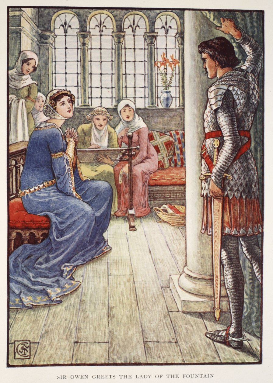 Sir Owen tervehtii suihkulähteen rouvaa Henry Gilbertin teoksesta Stories of the Knights of the Round Table, ensimmäinen painos, 1911 tekijältä Walter Crane