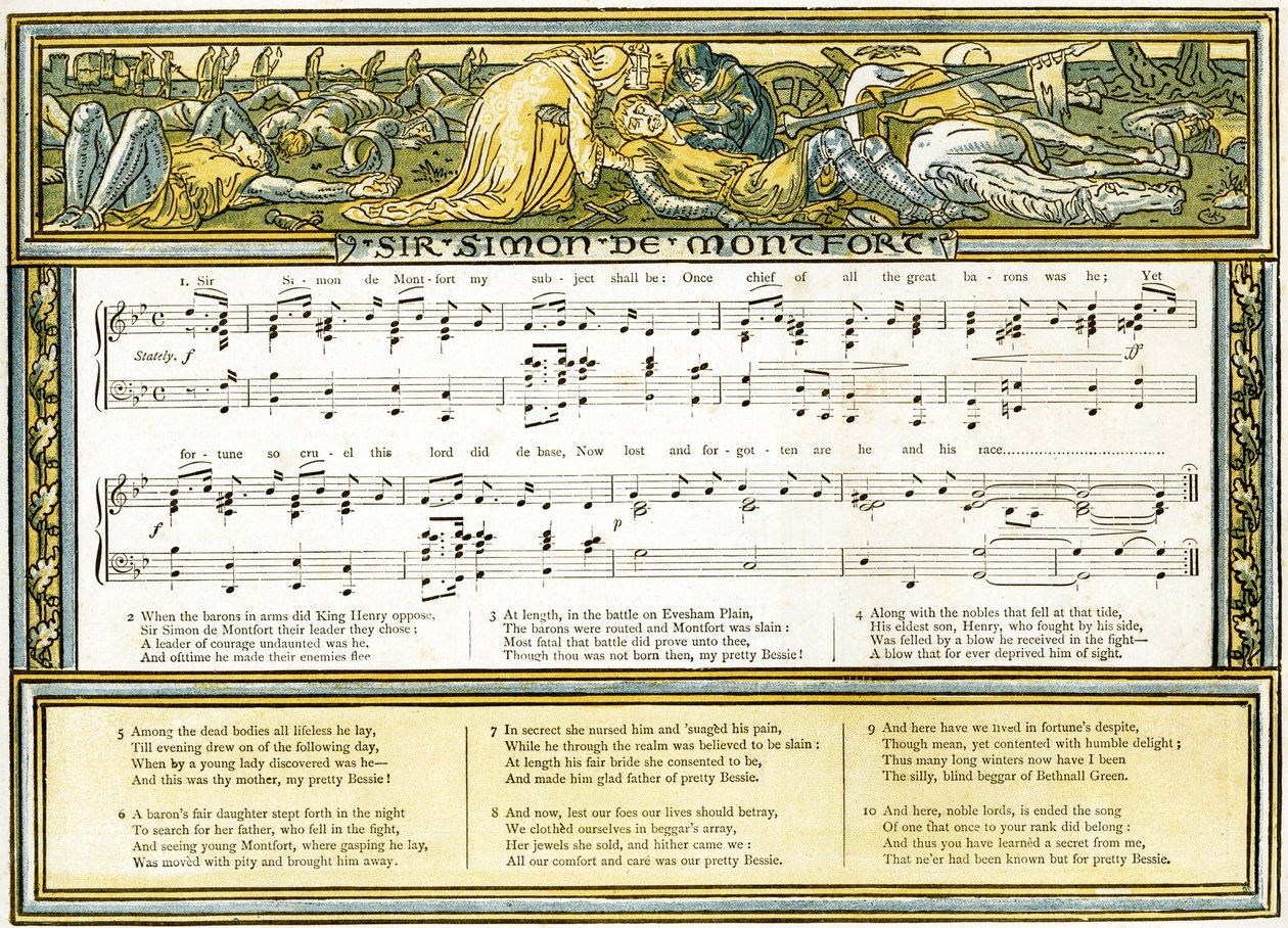 "Sir Simon de Montfort", laulukuvitus teoksesta "Pan-Pipes", Vanhojen laulujen kirja, vastikään sovitettu ja säestettynä Theo. Marzials, julkaissut Lontoossa George Routledge und Sons, 1884 (väri tekijältä Walter Crane