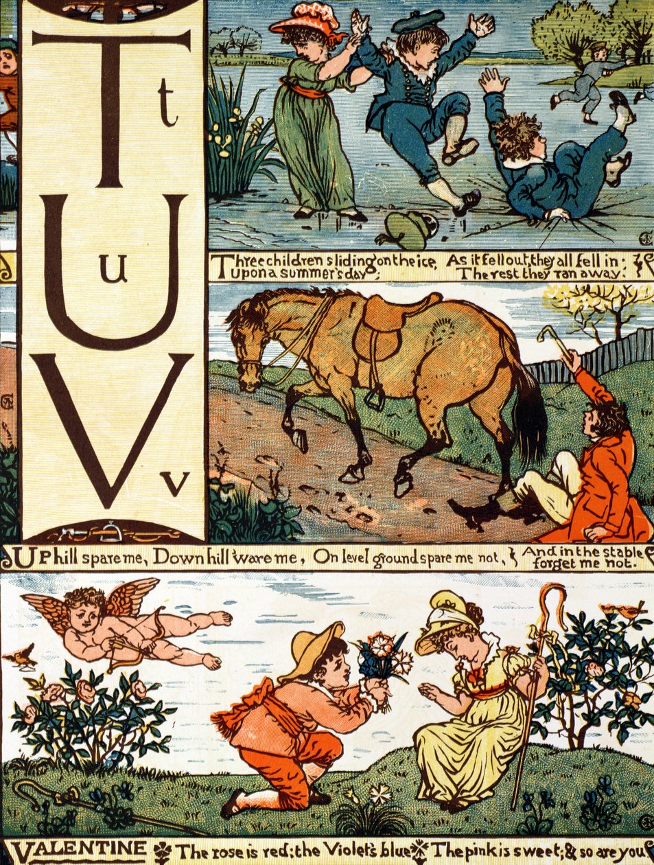 T:stä V aakkosesta vanhojen lastenlorujen pohjalta tekijältä Walter Crane