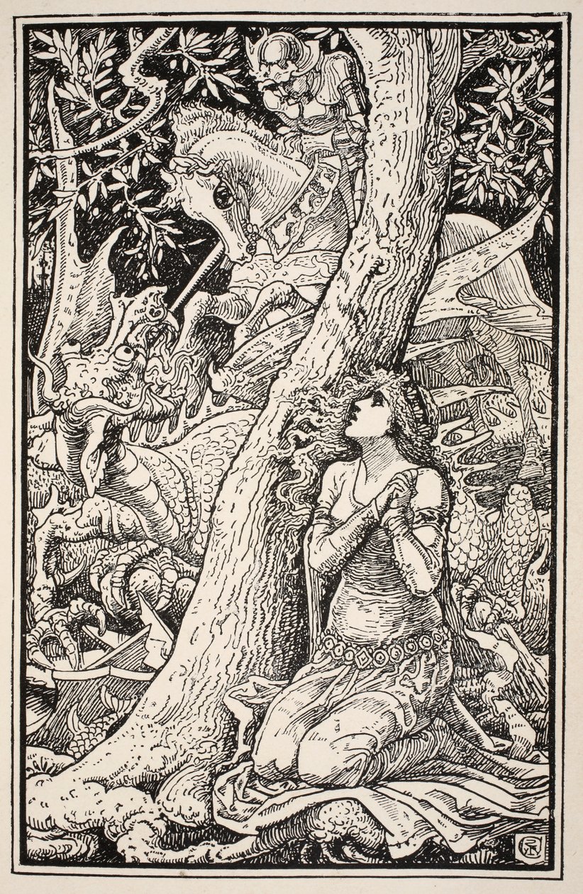 Järjestään kauhuissaan hän kyyristyi huohotellen maahan, kuvitus rouva Burton Harrisonin kansanperinteistä ja saduista, 1885 tekijältä Walter Crane