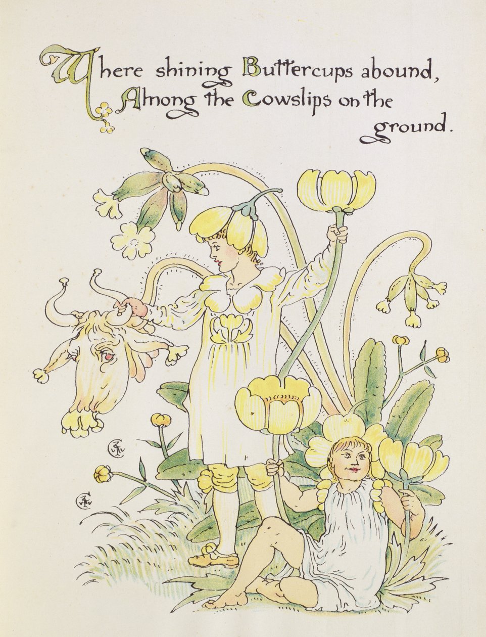 Buttercup ja lehmän kelkka "Floran juhlasta" tekijältä Walter Crane