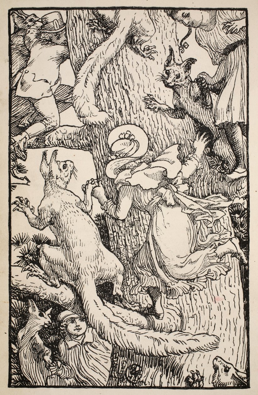 Lapset kiipesivät joulukuuseen eläinten ja kaiken kanssa, kuvitus rouva Burton Harrisonin kansanperinteistä ja saduista, 1885 tekijältä Walter Crane