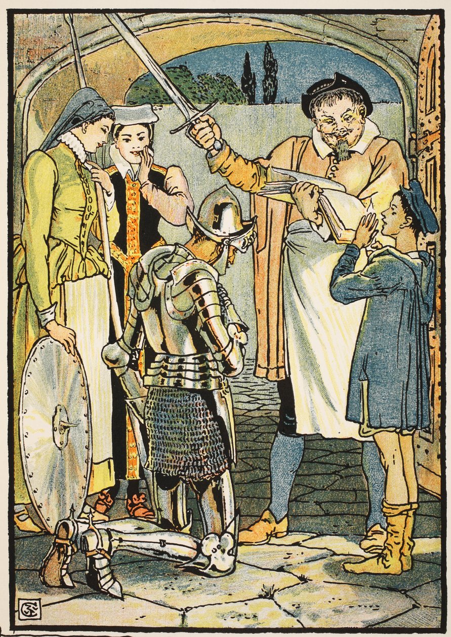 Don Quijoten ritarit, kuvitus "Don Quijote of the Mancha" -kappaleesta, jonka tuomari Parry on kertonut uudelleen, pub. Blackie und Son Ltd, Lontoo, 1900 tekijältä Walter Crane