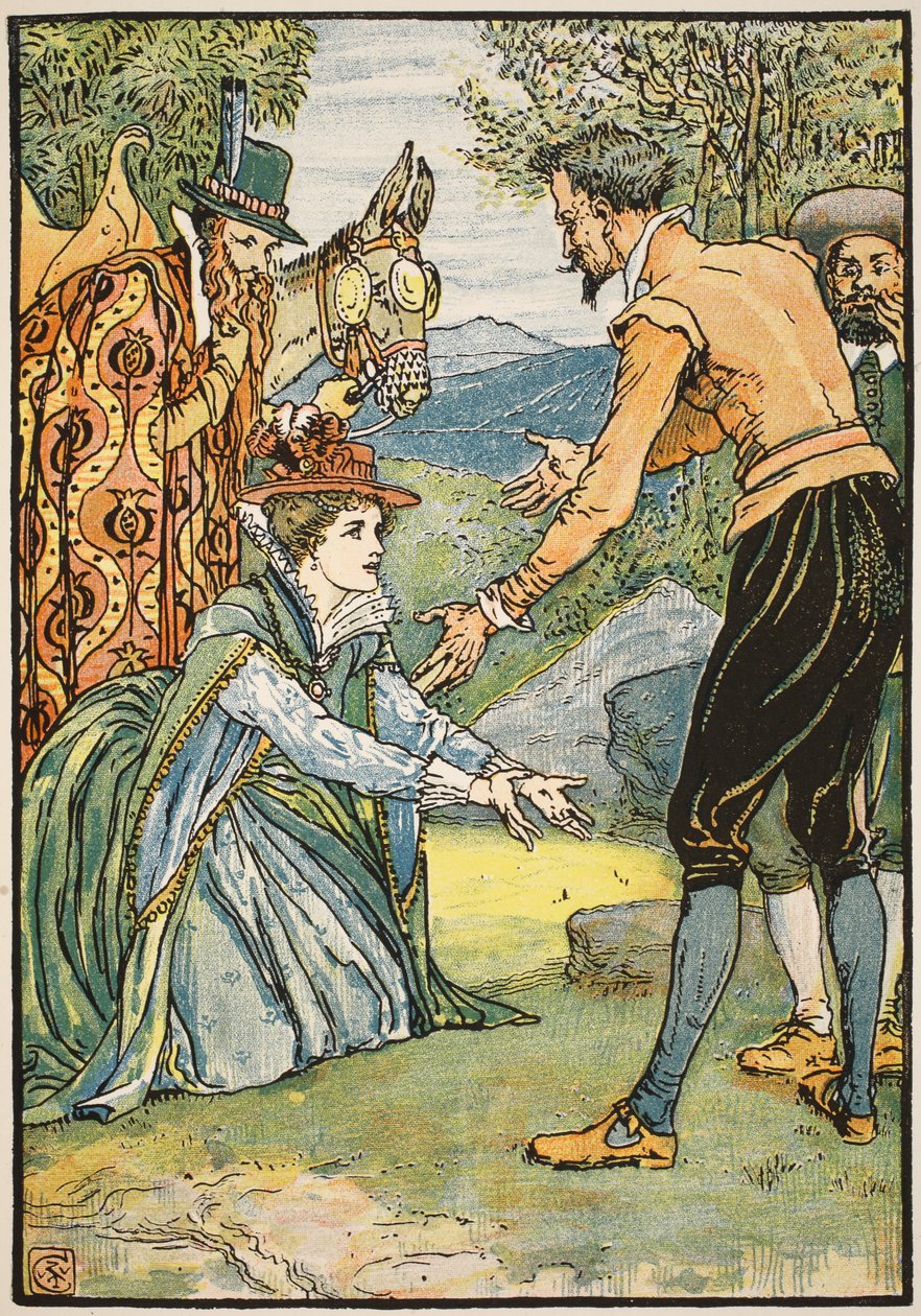 Dorothean ja Don Quijoten tapaaminen, kuva tuomari Parryn uudelleen kertomasta "Don Quijote of the Mancha", pub. Blackie und Son Ltd, Lontoo, 1900 tekijältä Walter Crane