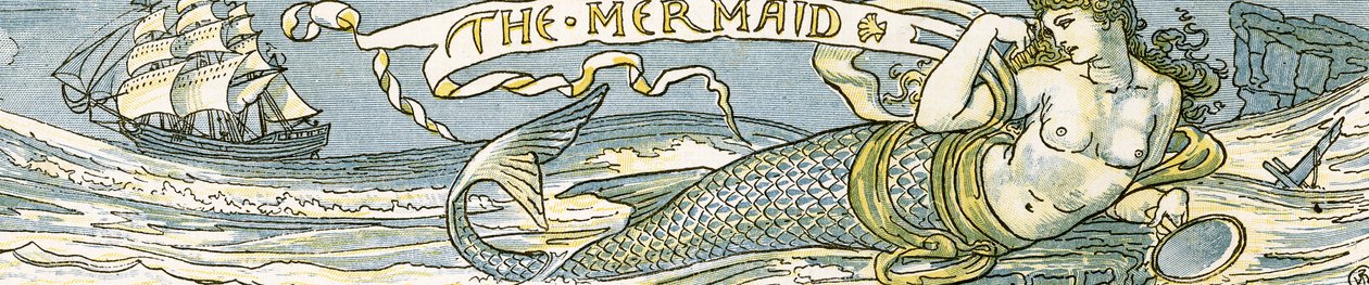"The Mermaid", laulukuvitus teoksesta "Pan-Pipes", Vanhojen laulujen kirja, vastikään sovitettu ja säestettynä Theo. Marzials, julkaissut Lontoossa George Routledge und Sons, 1884 (k tekijältä Walter Crane