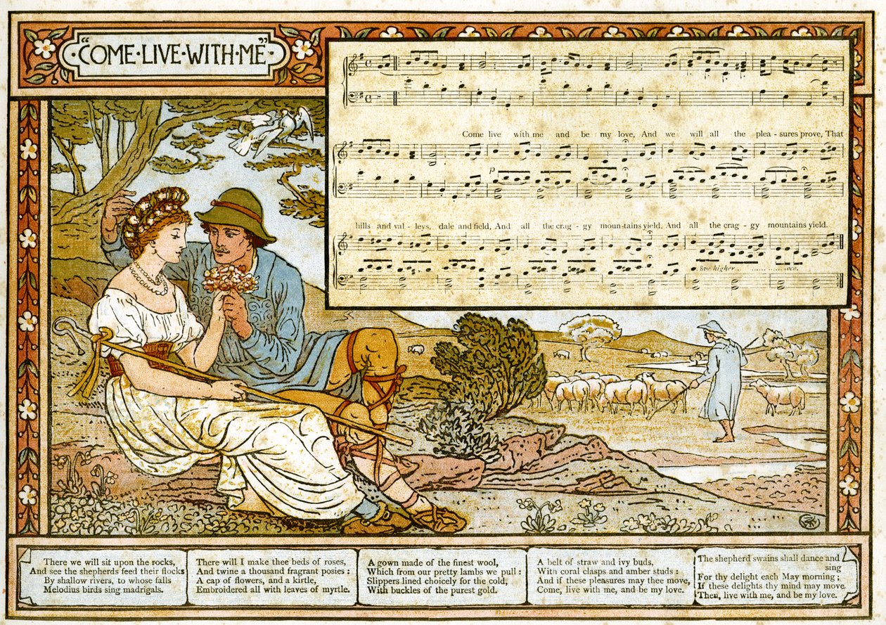 "The Passionate Shepherd to his Love", laulukuvitus teoksesta "Pan-Pipes", Vanhojen laulujen kirja, Theon äskettäin sovitettu ja säestettynä. Marzials, Lontoossa julkaissut George Routledge und Sons tekijältä Walter Crane