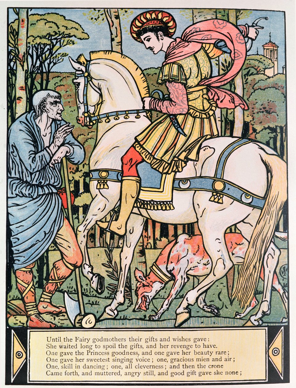 Prinssi neuvoo talonpoikaa, kuvitus Charles Perraultin (1628-1703) "Sleeping Beauty" -kirjoitukseen (värikaiverrus) tekijältä Walter Crane