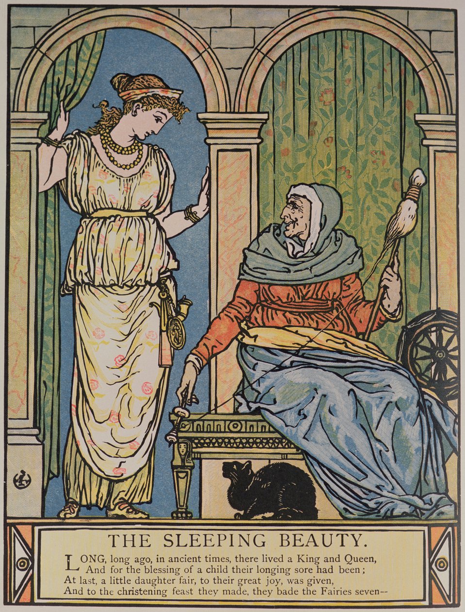 Prinsessa ja vanha nainen pyörivän pyörän kanssa, kuvitus Charles Perraultin (1628-1703) "Sleeping Beauty" -kirjoitukseen (värikaiverrus) tekijältä Walter Crane