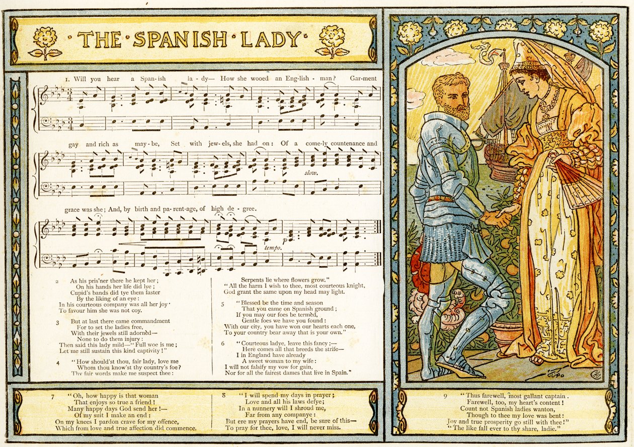 "The Spanish Lady", laulukuvitus teoksesta "Pan-Pipes", Vanhojen laulujen kirja, vastikään sovitettu ja säestettynä Theo. Marzials, julkaissut Lontoossa George Routledge und Sons, 1884 (väri lith tekijältä Walter Crane