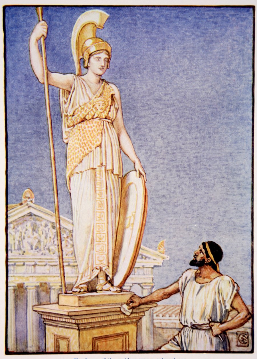 Jumalattaren hahmo oli valtava, kuvitus Mary Macgregorin kirjasta "The Story of Greece", 1. painos, 1913 (väripainatus) tekijältä Walter Crane