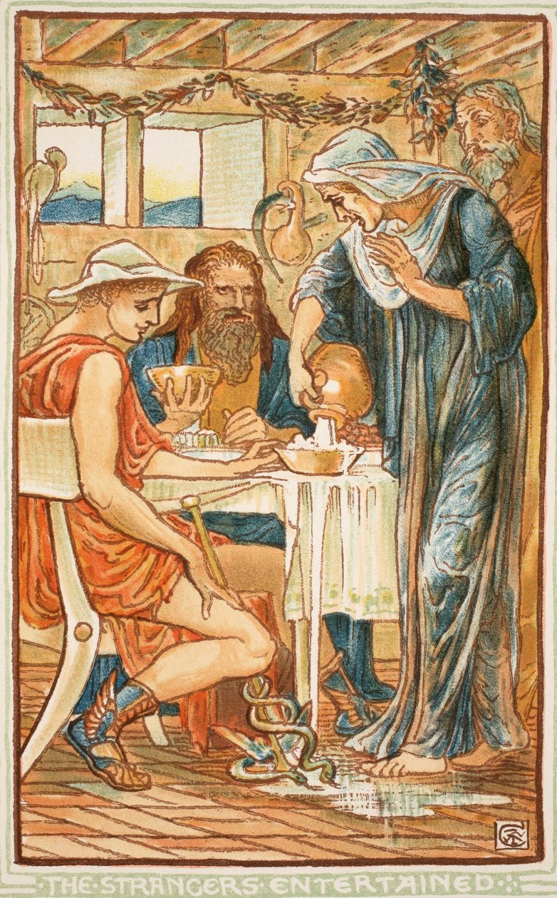 Muukalaiset viihdyttivät, kuvitus Nathaniel Hawthornen "Ihmekirjasta tytöille ja pojille", 1852 tekijältä Walter Crane