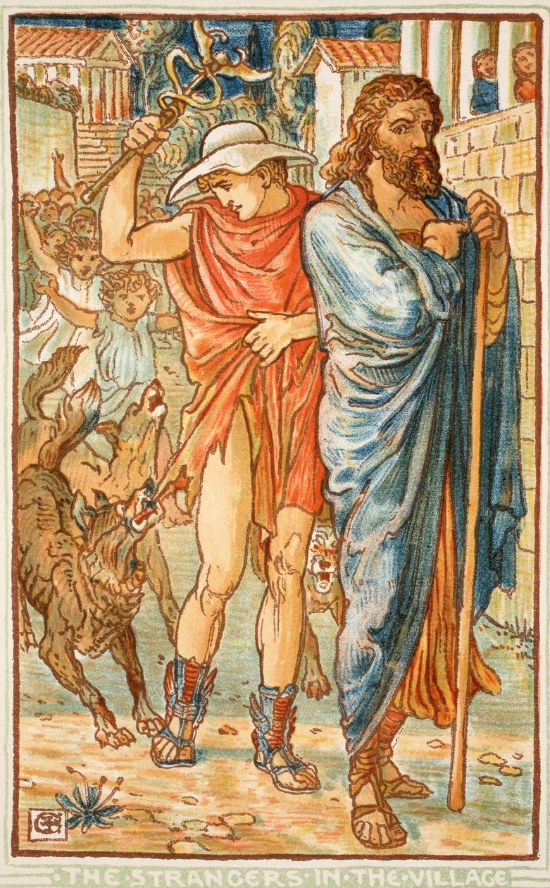 Muukalaiset kylässä, kuvitus Nathanial Hawthornen Ihmekirjasta tytöille ja pojille, 1852 tekijältä Walter Crane