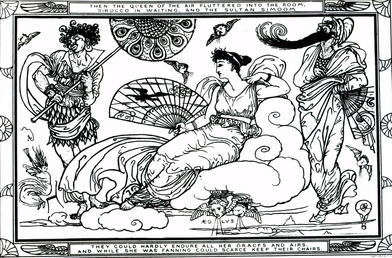 "Sitten ilmojen kuningatar räpläsi huoneeseen, Sirocco odottamassa ja Sultan Simoom". tekijältä Walter Crane