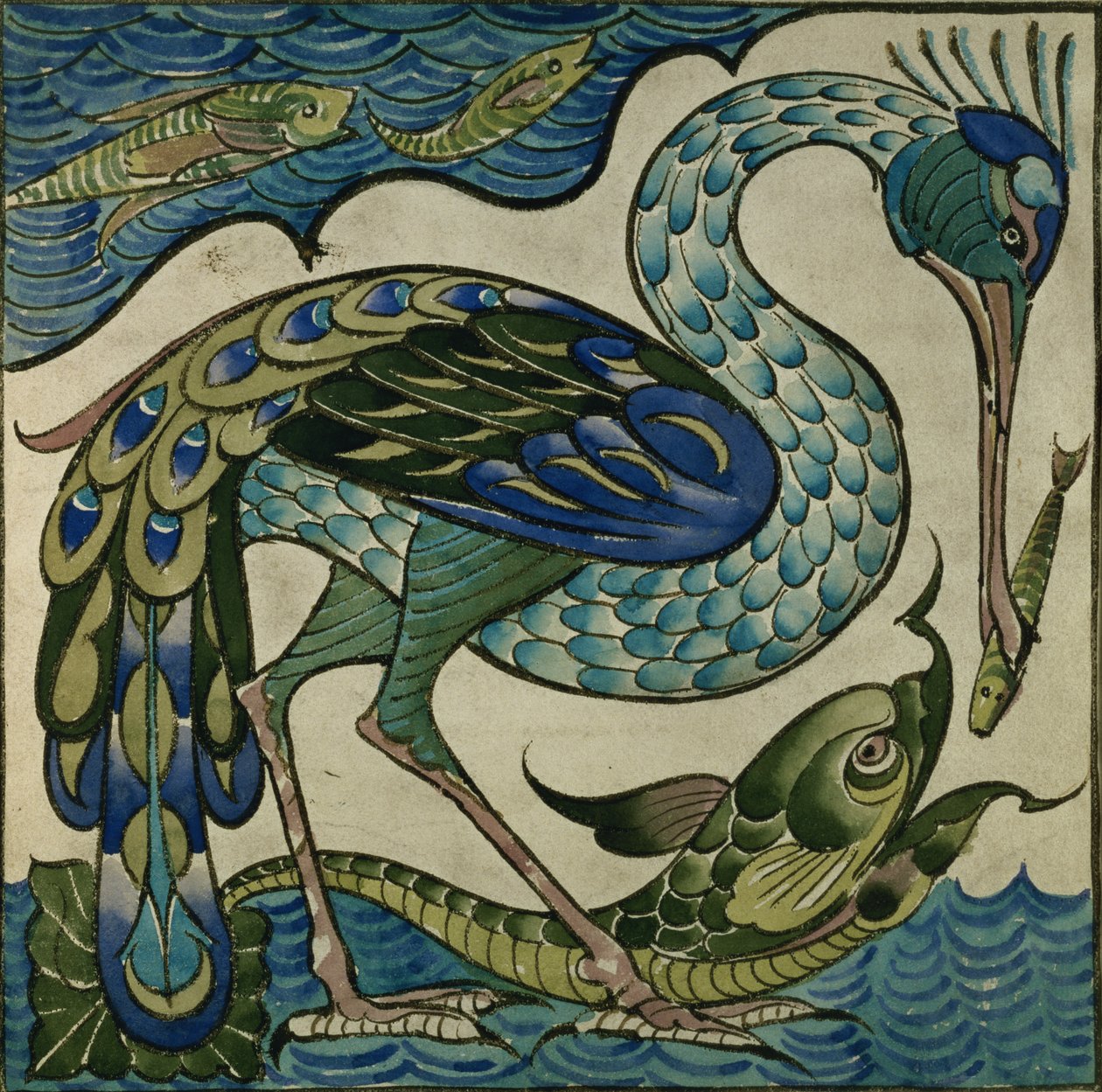 Walter Cranen (1845-1915) laattakuvio haikarista ja kalasta tekijältä Walter Crane
