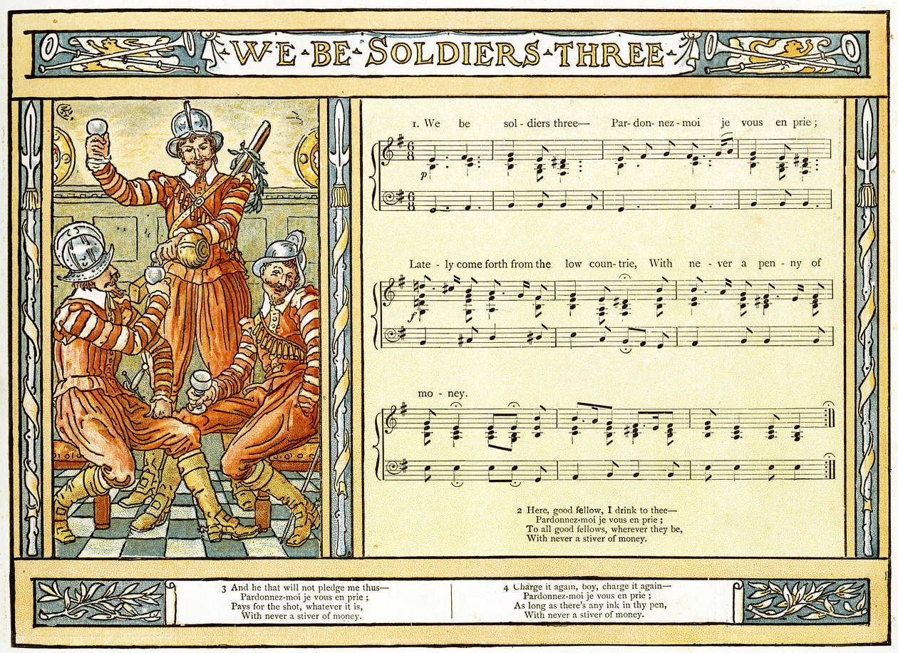 "We Be Soldiers Three", laulukuvitus teoksesta "Pan-Pipes", Vanhojen laulujen kirja, vastikään sovitettu ja säestettynä Theo. Marzials, julkaissut Lontoossa George Routledge und Sons, 1884 (väri tekijältä Walter Crane