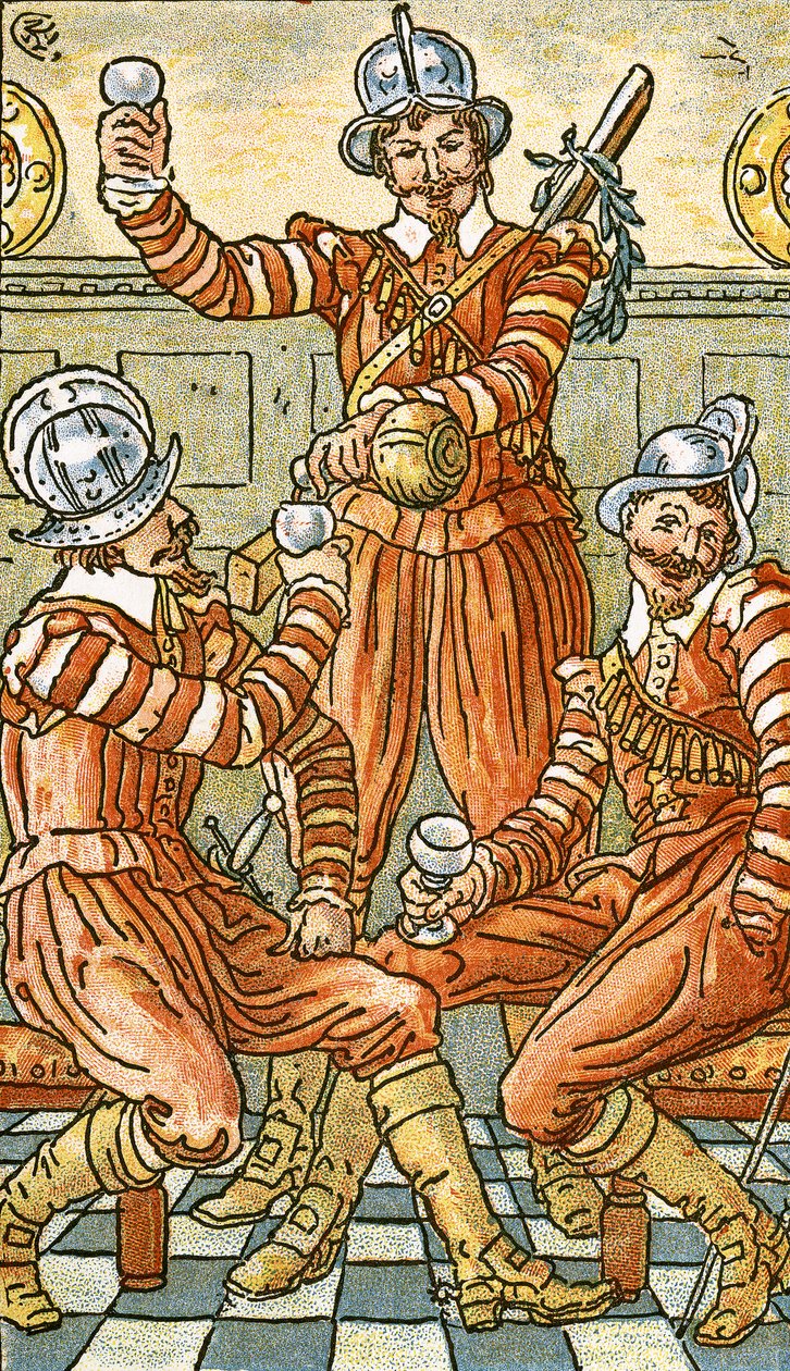 "We Be Soldiers Three", laulukuvitus teoksesta "Pan-Pipes", Vanhojen laulujen kirja, vastikään sovitettu ja säestettynä Theo. Marzials, julkaissut Lontoossa George Routledge und Sons, 1884 (väri tekijältä Walter Crane