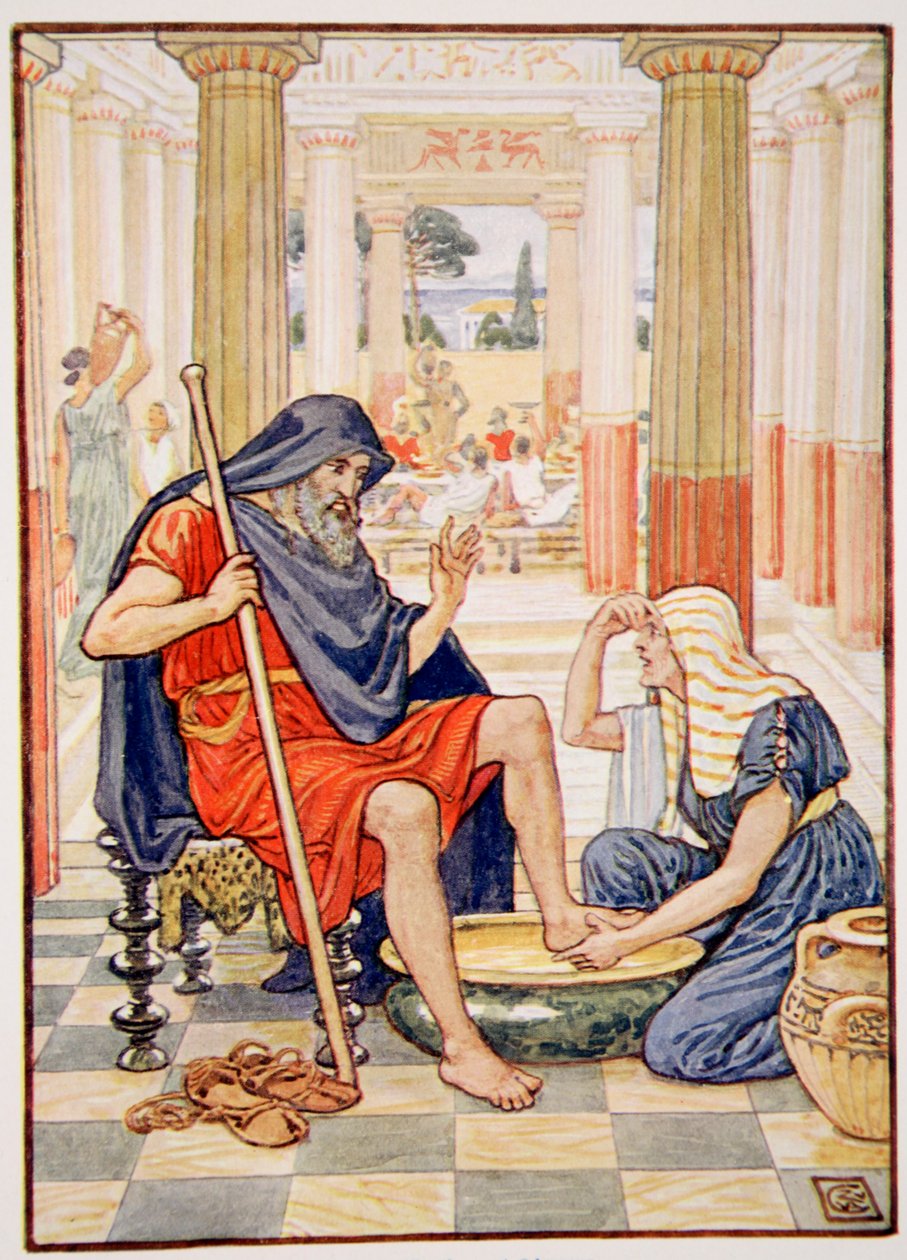 "Joo, totisesti, sinä olet Odysseus", kuvitus Mary Macgregorin kirjasta "The Story of Greece", 1. painos, 1913 (väripainatus) tekijältä Walter Crane