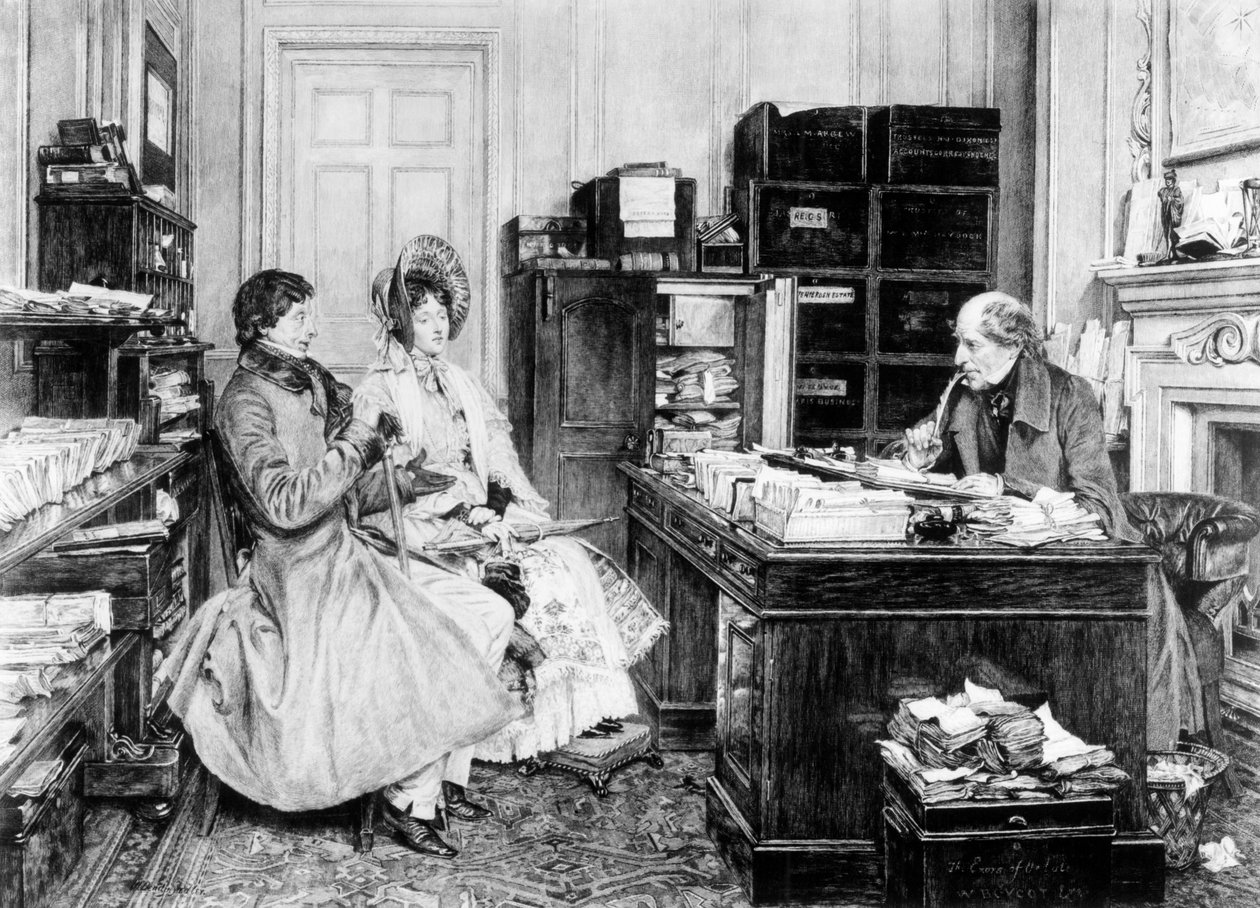 Asianajajatoimistossa, kaiverrus James Dobie (s.1849) tekijältä Walter Dendy Sadler