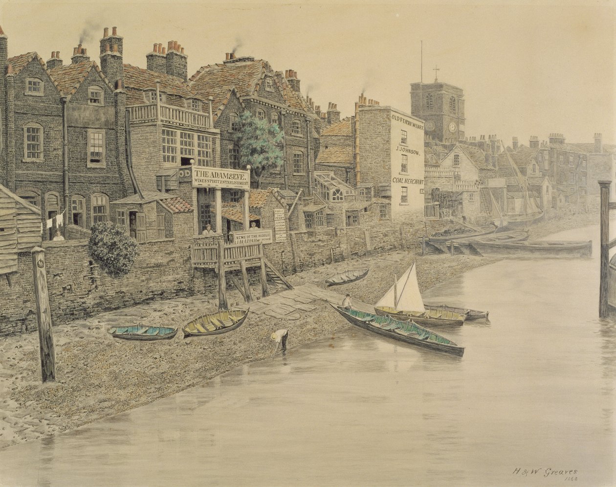 Thames-näkymä, jossa näkyy Adam and Eve -taverna Chelseassa, 1868 (katso myös 45025) tekijältä Walter Greaves