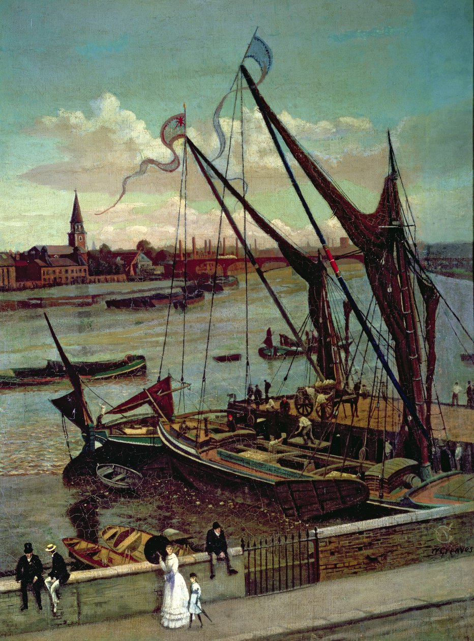 Proomun purku, Lindsay Jetty ja Battersea Church, n. 1860 tekijältä Walter Greaves
