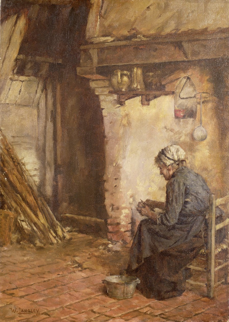 Vanha nainen kuorimassa perunoita tekijältä Walter Langley