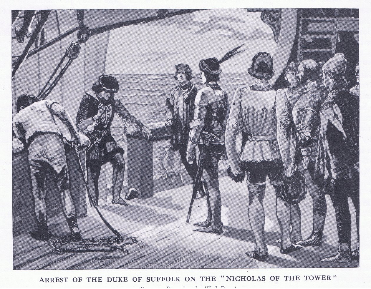 Suffolkin herttuan pidätys Nicholas of the Towerissa, teoksesta Cassells History of the British People, jonka on julkaissut Waverley Book Company Limited, n. 1940. tekijältä Walter Paget