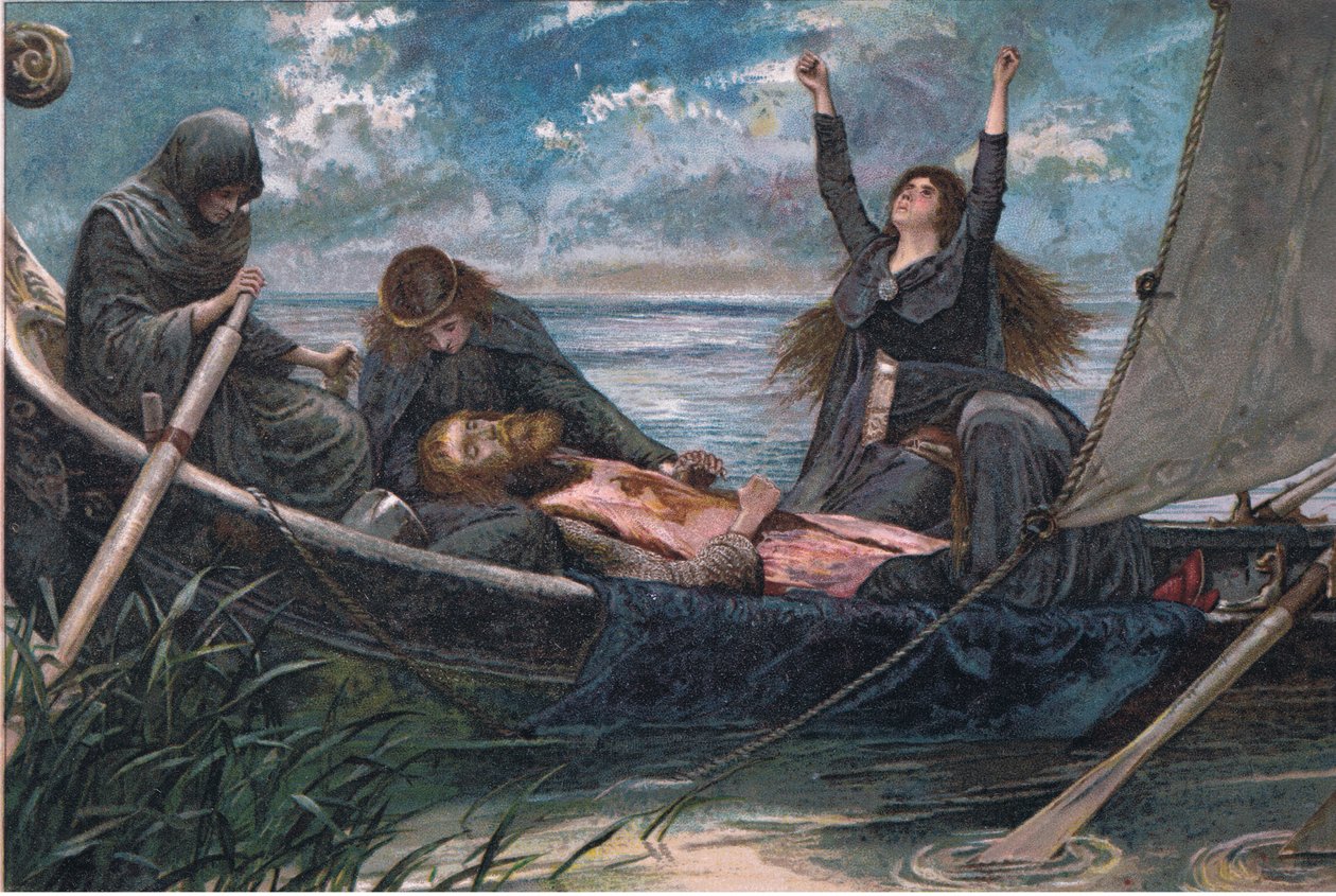 Arthurin poismeno, kuvitus Tennyson Picturesista, julkaisija E P Dutton & Co, n. 1900 tekijältä Walter Paget