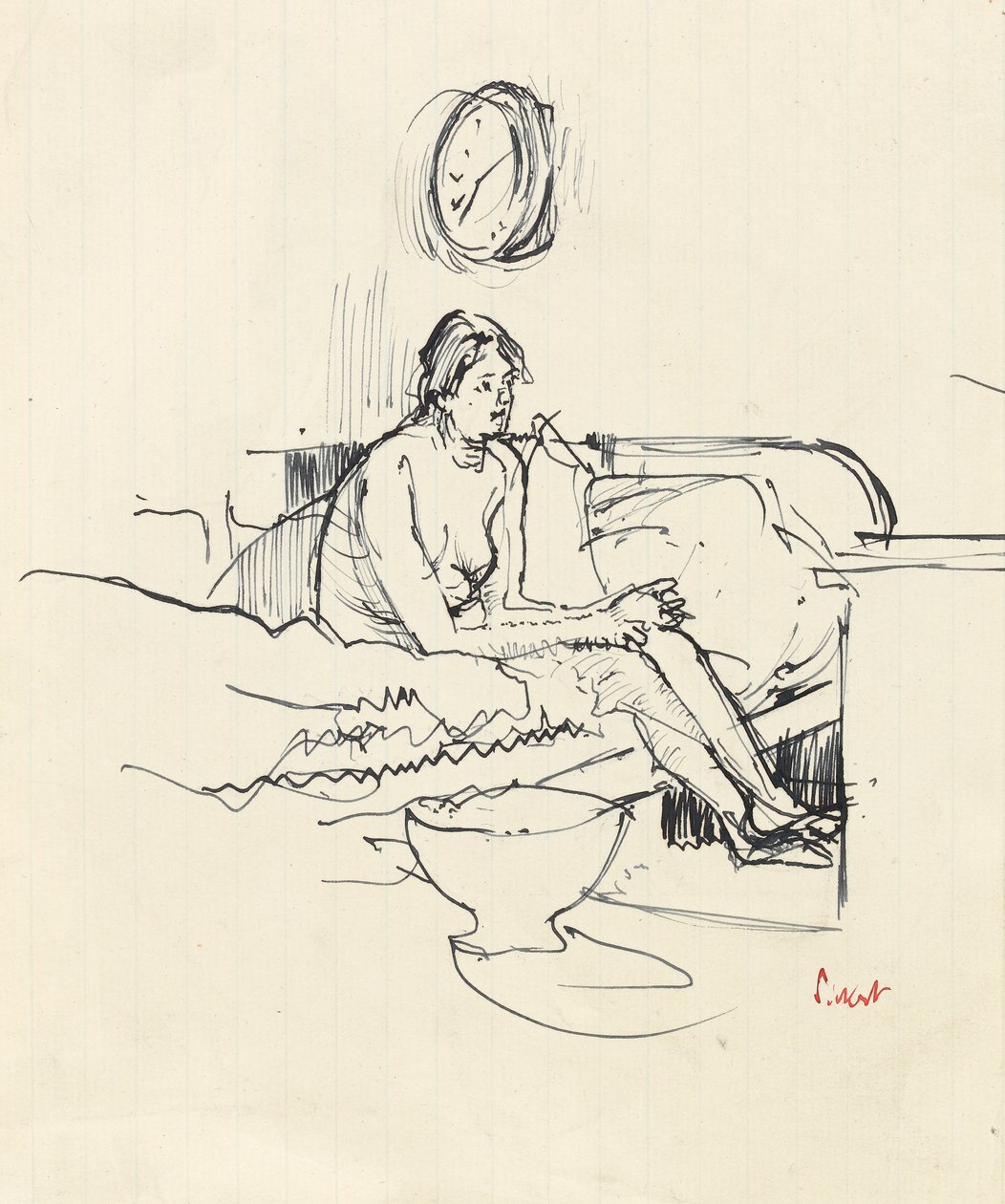 Tyttö istuu sängyllä (kynä ja sininen muste paperille) tekijältä Walter Richard Sickert