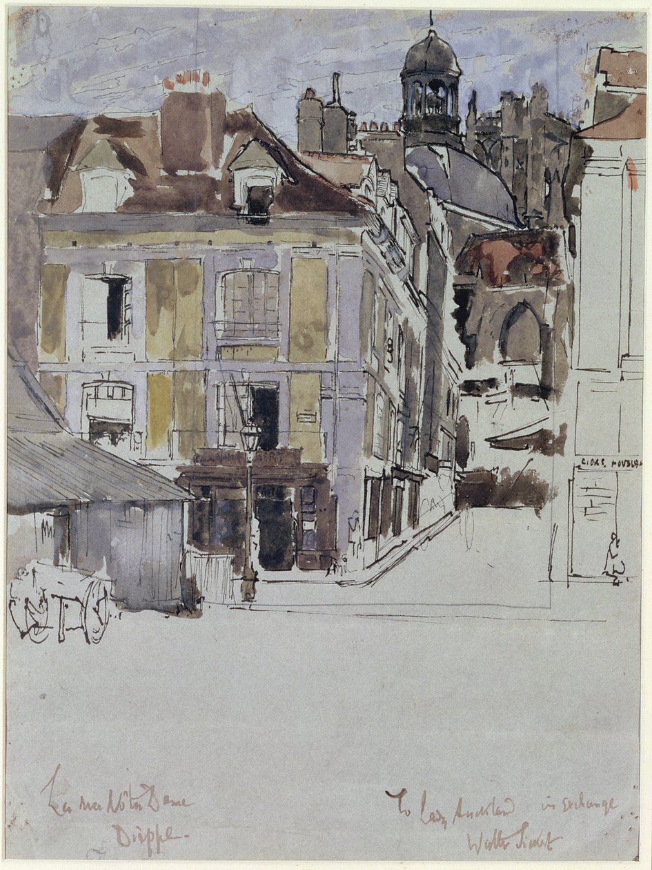 La Rue Notre Dame, Dieppe, Quai Duquesne etualalla, n. 1899 (wc kynällä ja musteella paperilla) tekijältä Walter Richard Sickert
