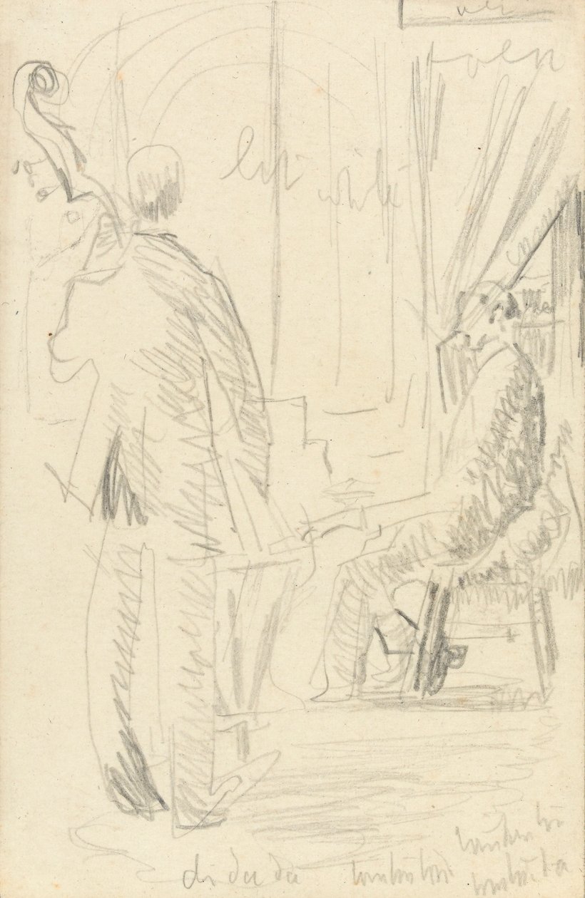 Musiikkiryhmä: kontrabasso ja piano (grafiitti paperille) tekijältä Walter Richard Sickert