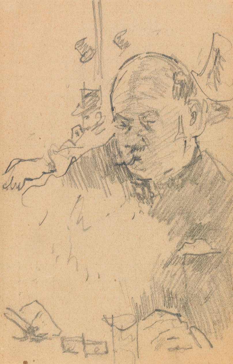 Viiksinen mies istuu, juo baarissa kahden muun hattuisen miehen kanssa (grafiittia paperille) tekijältä Walter Richard Sickert