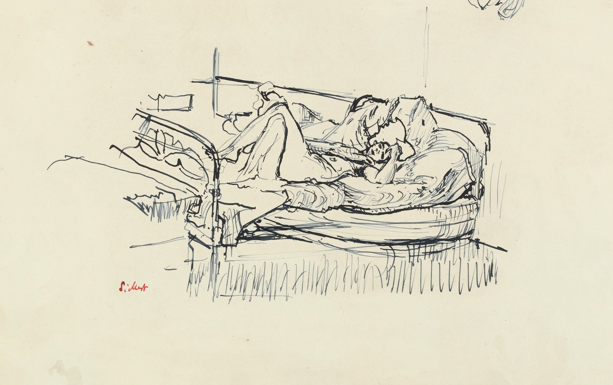 Alaston makaa sängyllä (kynä ja sininen muste paperille) tekijältä Walter Richard Sickert