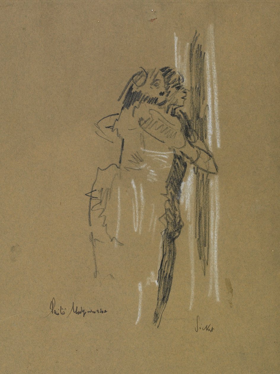 Kaksi seisovaa hahmoa, n. 1907 (musta ja valkoinen liitu haalistuneet sinisellä paperilla) tekijältä Walter Richard Sickert
