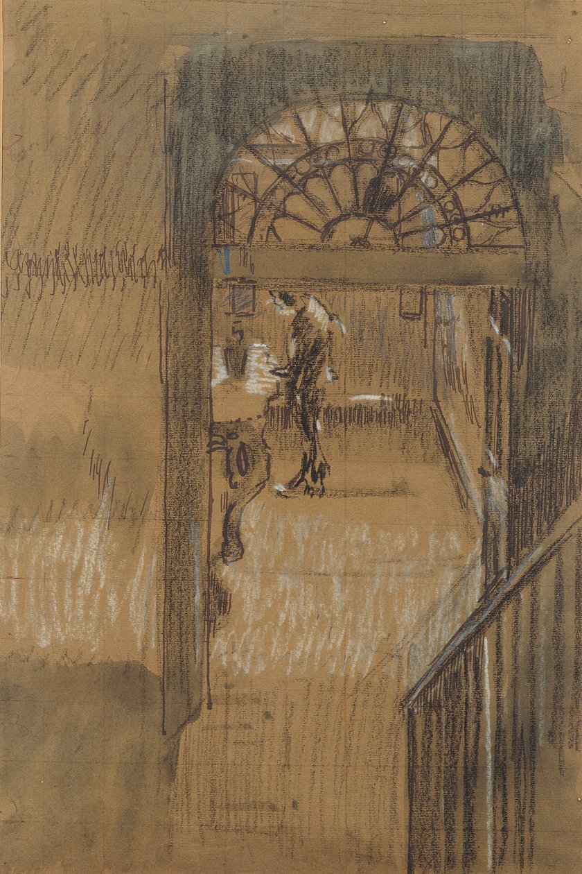 Whistlers Studio (mustavalkoinen liitu, kynä, muste ja pesu paperille) tekijältä Walter Richard Sickert