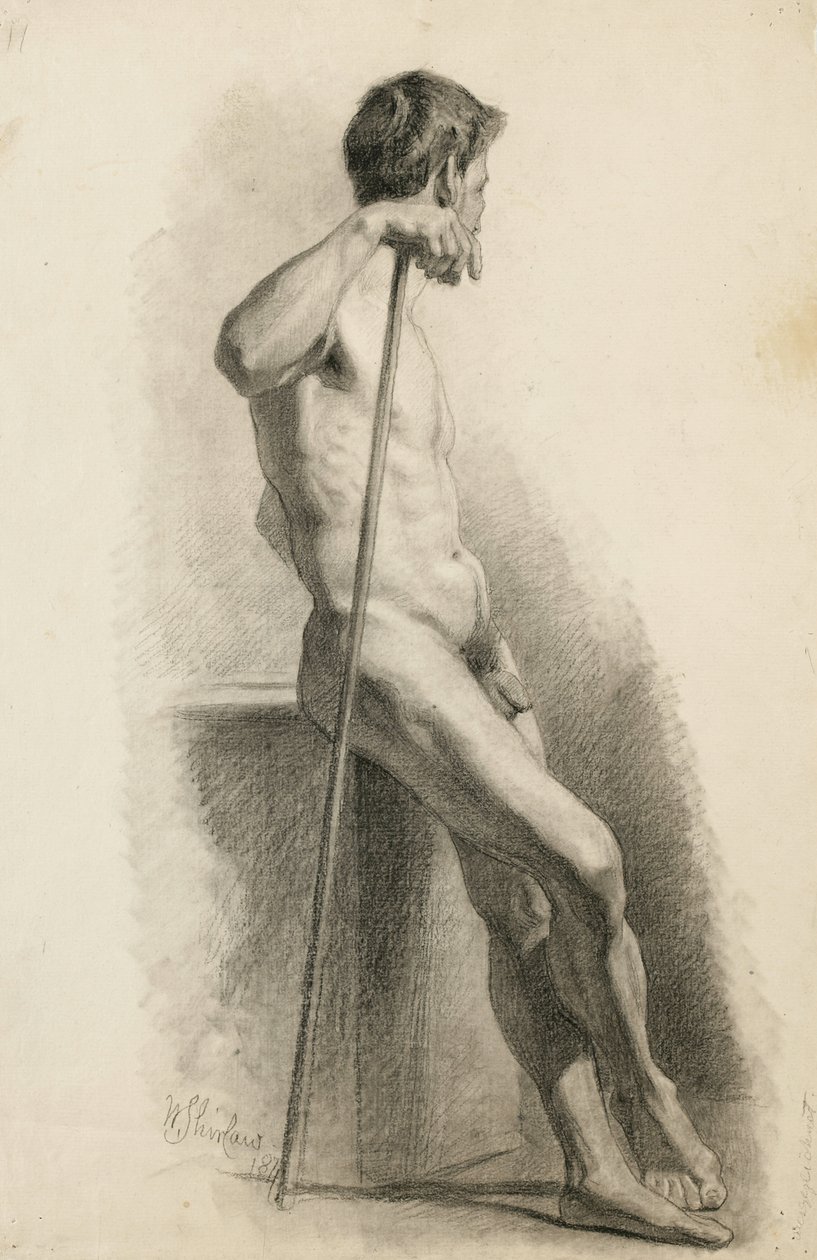 Tutkimus miesalastosta ja sauva, sivukuva, 1871 (hiili puhdistavalle paperille) tekijältä Walter Shirlaw