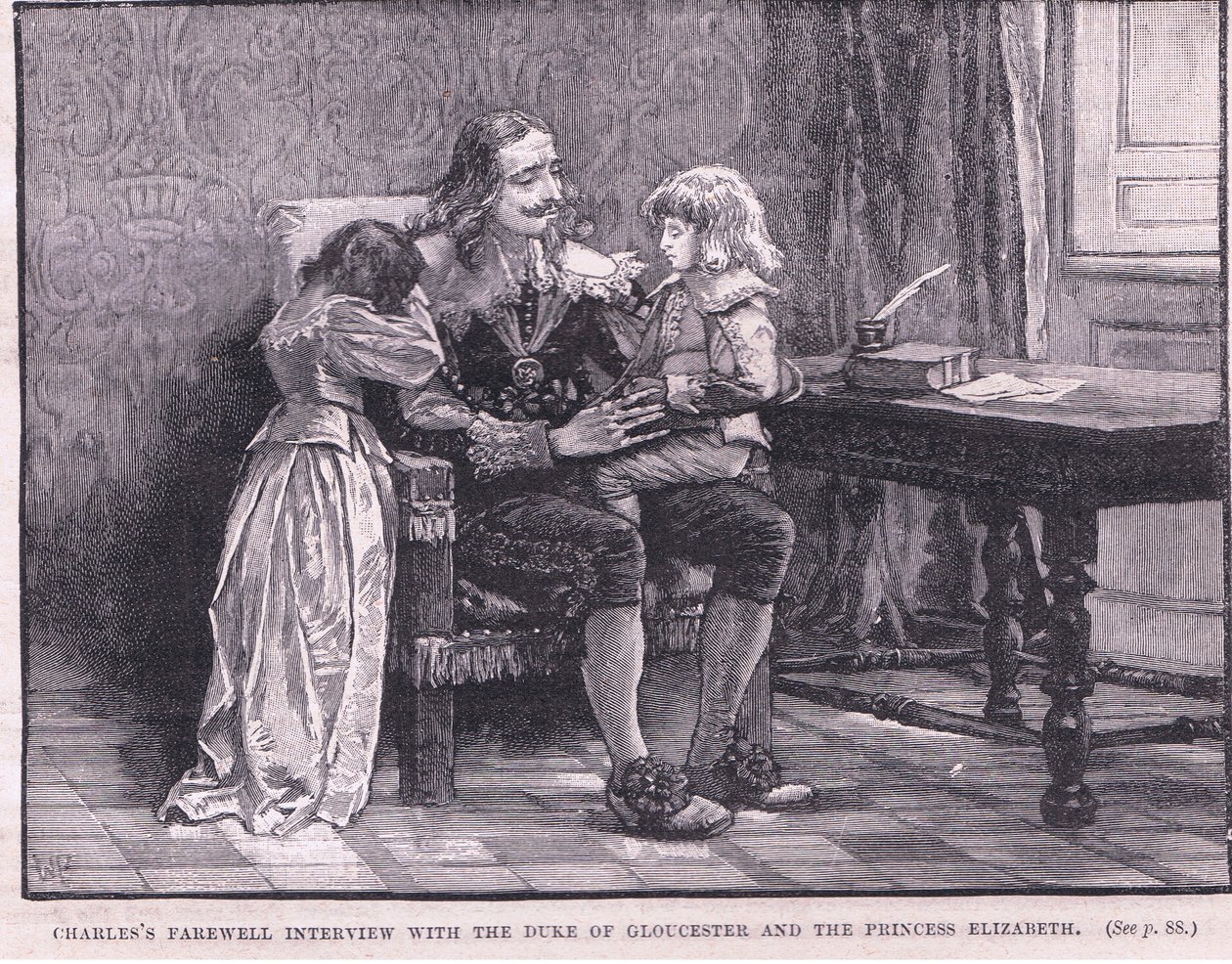 Charlesin jäähyvähaastattelu Gloucesterin herttuan ja prinsessa Elizabethin kanssa 1649 jKr tekijältä Walter Stanley Paget