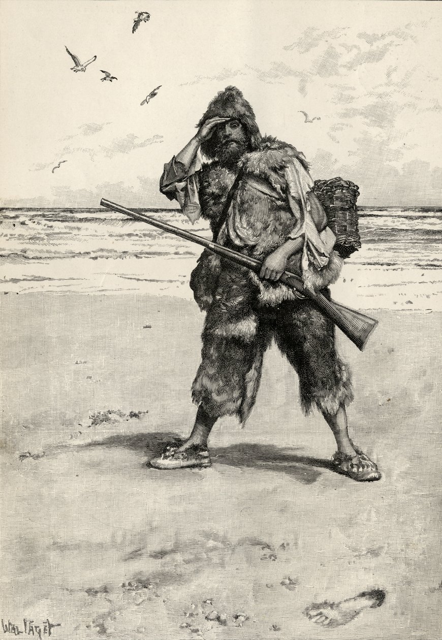 "I Stood Like One Thunderstruck", kuvitus Daniel Defoen (1660-1731) Robinson Crusoesta, julkaissut Cassell and Company, 1896 tekijältä Walter Stanley Paget