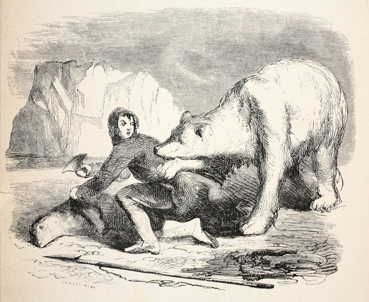 Karhun ottama grönlantilaisten illallinen, 1859 tekijältä Walter William May