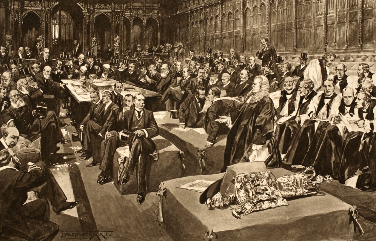 The Coronation Oath - Kuningas Edward VII:n ensimmäinen parlamentti, "The Illustrated London News", 1902 tekijältä Thomas Walter Wilson