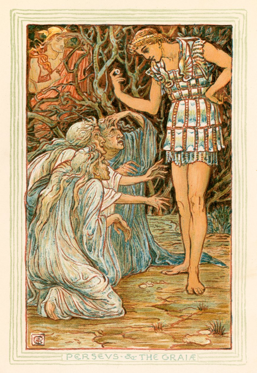 Perseus ja Graiae (värilitografia) tekijältä Walter (after) Crane