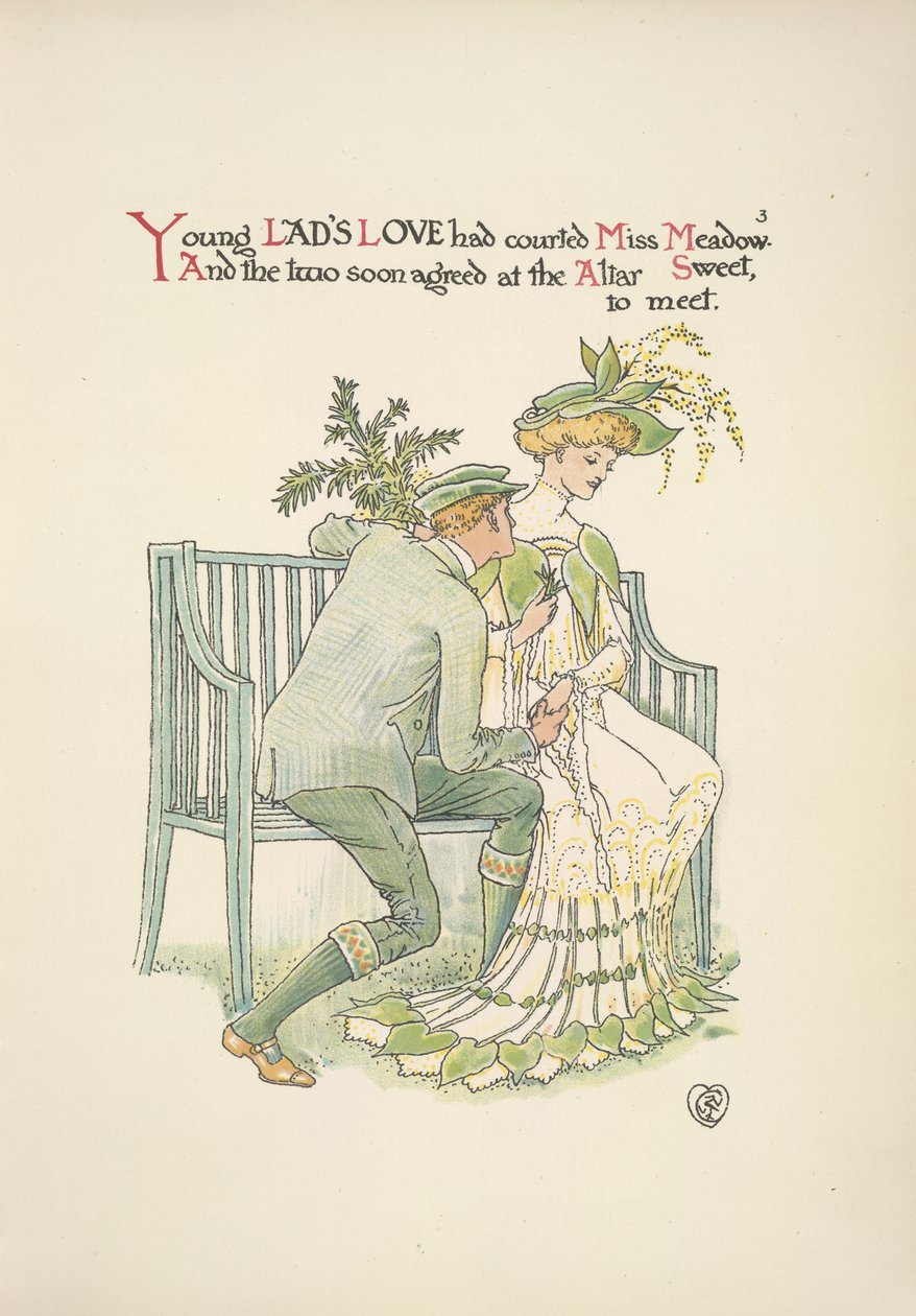 Nuori mies seurustelee nuorta naista, neiti Meadowia tekijältä Walter Crane