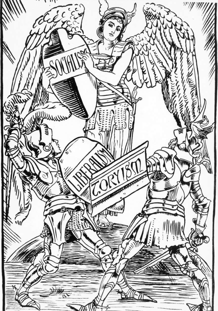 Allegoria Walter Crane: Sosialismi voitti kovaa taistelua liberalismin ja torysmin (Englantilainen konservatiivipuolue) välillä. Kaiverrus 1800-luvun lopulta. tekijältä Walter Crane