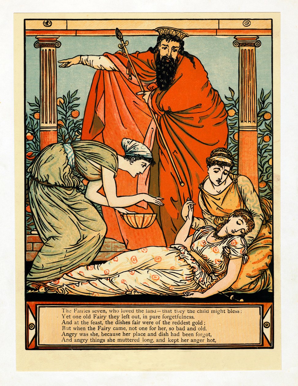 Ja hän kaatuu kuoleman kaltaiseen uneen, The Blue Beard Picture Book -pubista. 1879. tekijältä Walter Crane