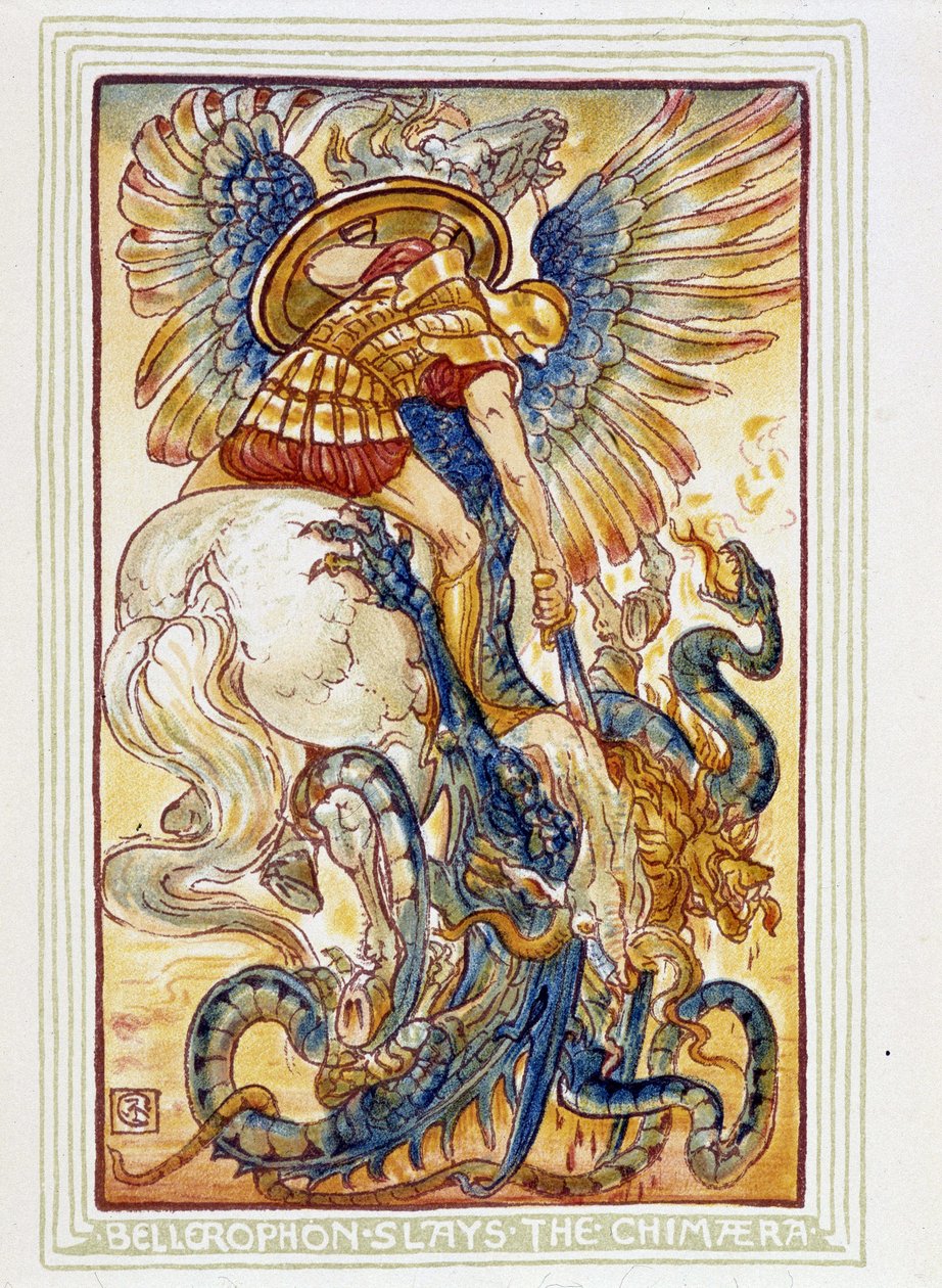 Bellerophon combat les chimeres - teoksessa ”Ihmekirja tytöille ja pojille”, ill. Kirjailija: Walter Crane tekijältä Walter Crane