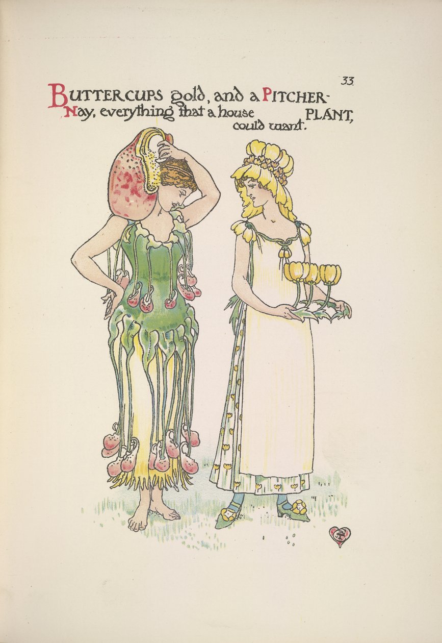 Buttercups kulta- ja kannukasvi. Kaksi nuorta naista tekijältä Walter Crane