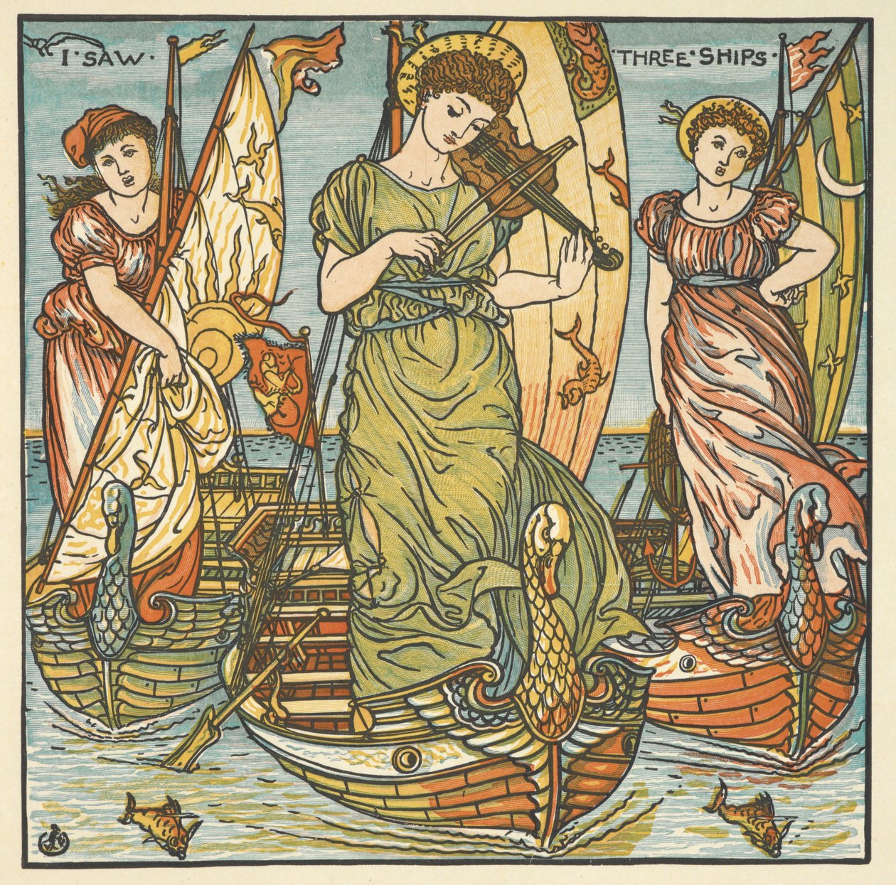 Värikuvitus sanalle "Näin kolme laivaa". Kolme naista, joista yksi soittaa viulua, seisoo laivoilla. tekijältä Walter Crane