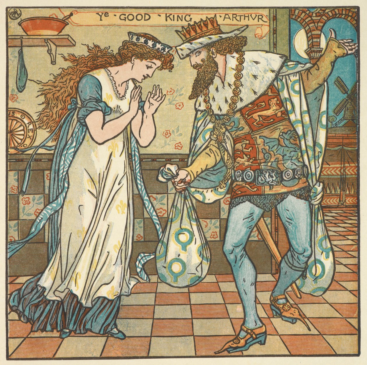 Värikuvitus "Kuningas Arthurille". Kuningas Arthur ja hänen kuningattarensa säkillisen ainesosien kanssa luumuvanukkaan valmistamiseksi. tekijältä Walter Crane