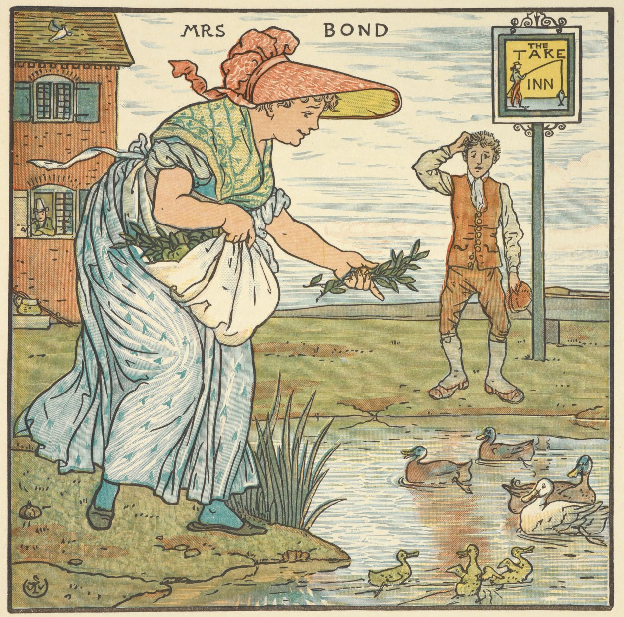 Värikuvitus rouva Bondille. Nainen ruokkimassa ankkoja majatalon ulkopuolella. tekijältä Walter Crane